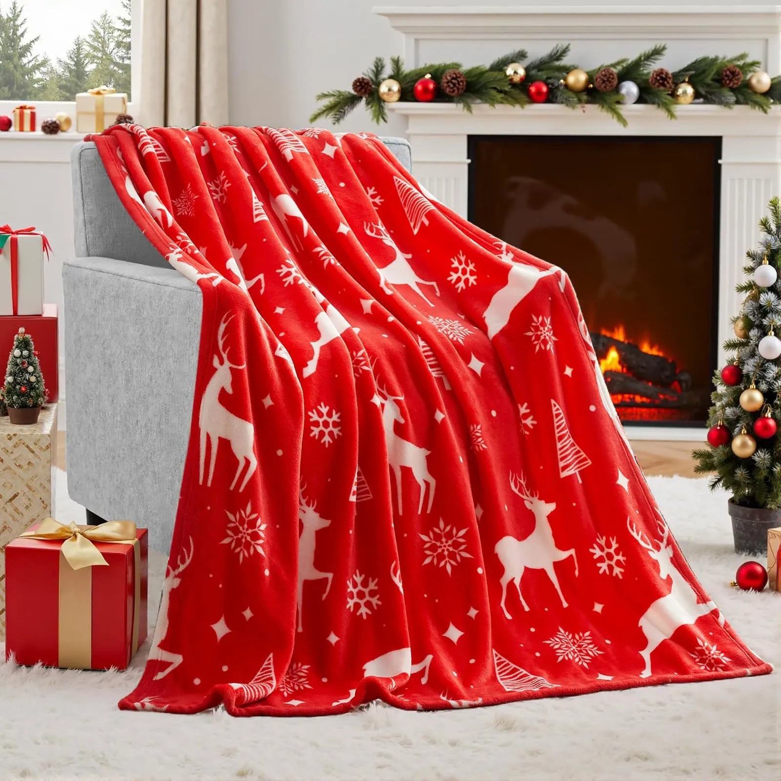 Soft flannel Christmas blanket in a solid colour, shown folded to display its plush texture and American style.