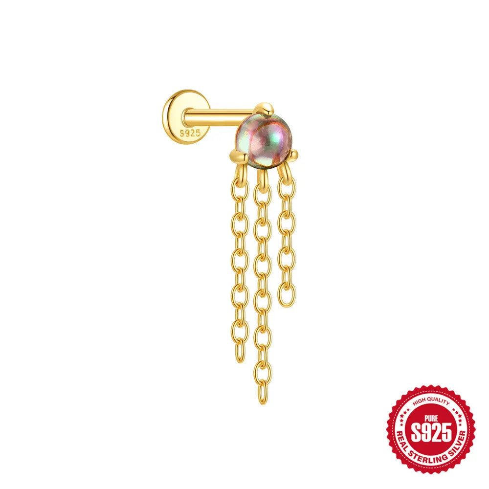 S925 sterling silver flat head thread ear stud with super shiny rainbow stone finish in a gold colour.