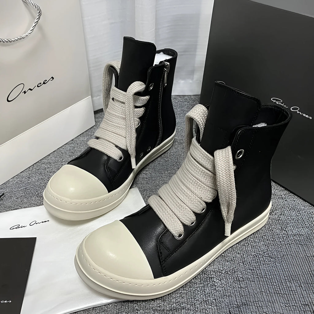 High-top leather sneakers with side zipper in genuine cowhide leather available in multiple colours