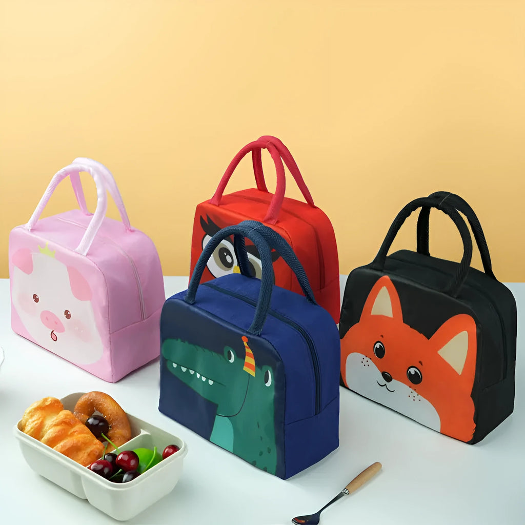 Cartoon insulated children's lunch box bag in Oxford cloth with aluminium foil lining.