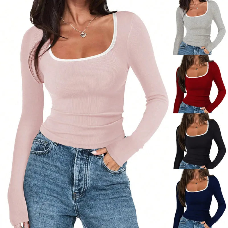 Women's slim fit cotton top with a square collar, shown in a solid colour.