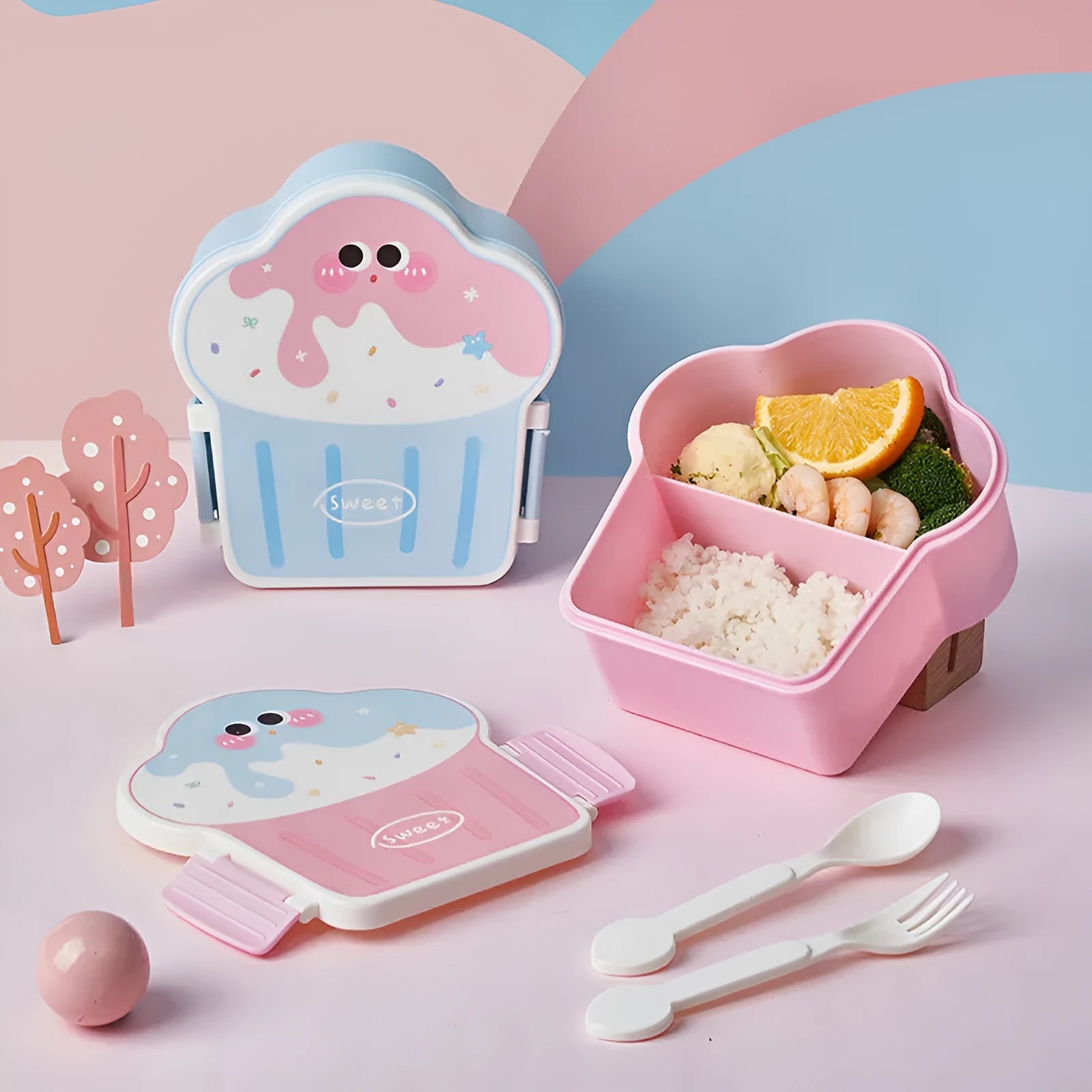 Blue and pink ice cream shaped plastic lunch box with spoon and fork included