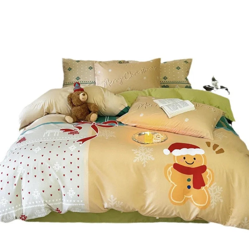 Christmas cartoon printed bedding set with sheet, quilt cover, and pillowcases in super soft washed cotton