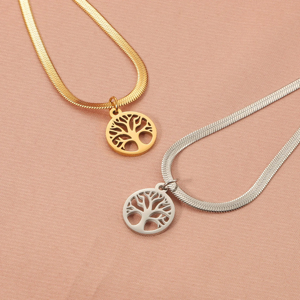 Stainless steel necklace with tree pendant on a snake bone chain in gold or steel colour.