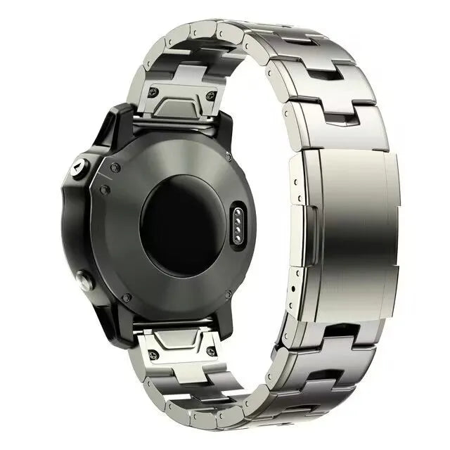 Garmin Fenix compatible replacement watch strap in silver, black, and titanium colours showing 22mm and 26mm widths.