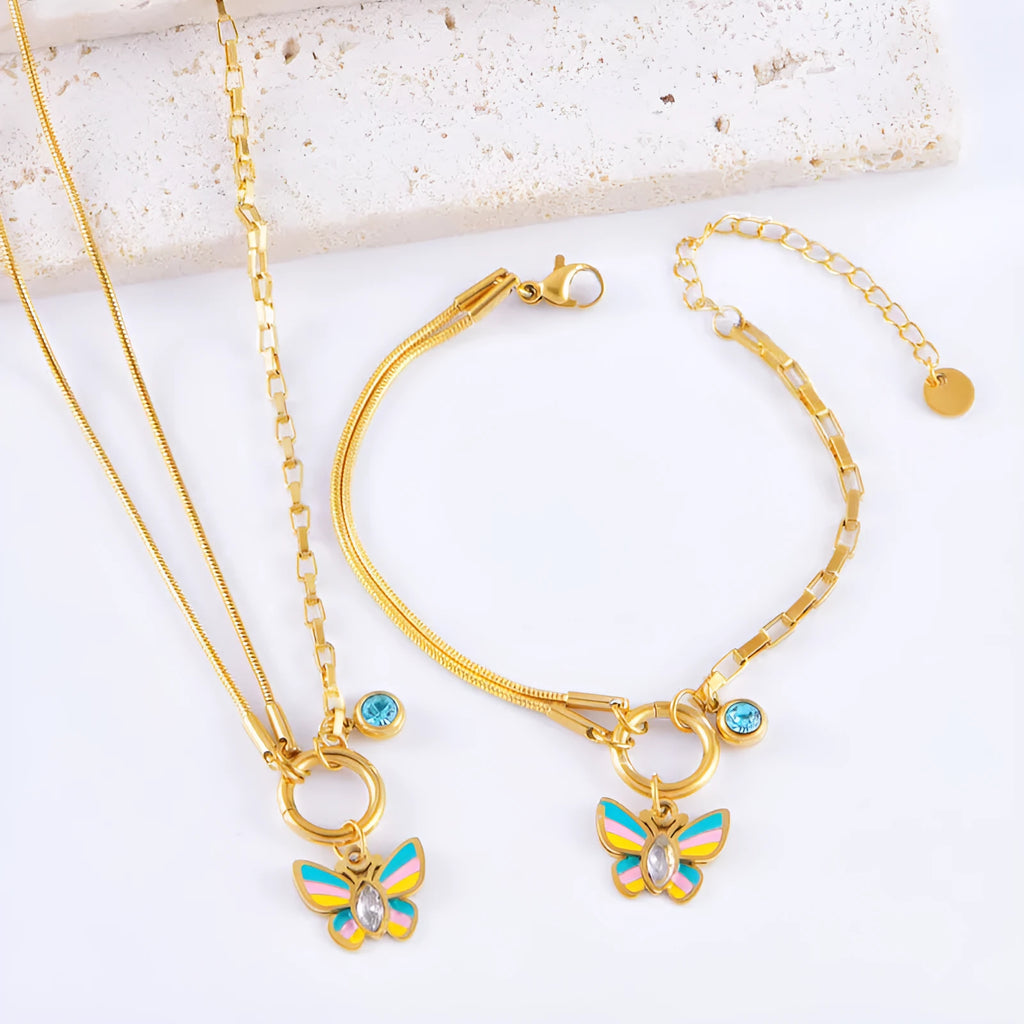 Gold colour epoxy butterfly necklace and bracelet set with animal zodiac design on titanium steel snake bones chain
