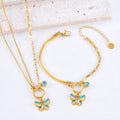 Gold colour epoxy butterfly necklace and bracelet set with animal zodiac design on titanium steel snake bones chain
