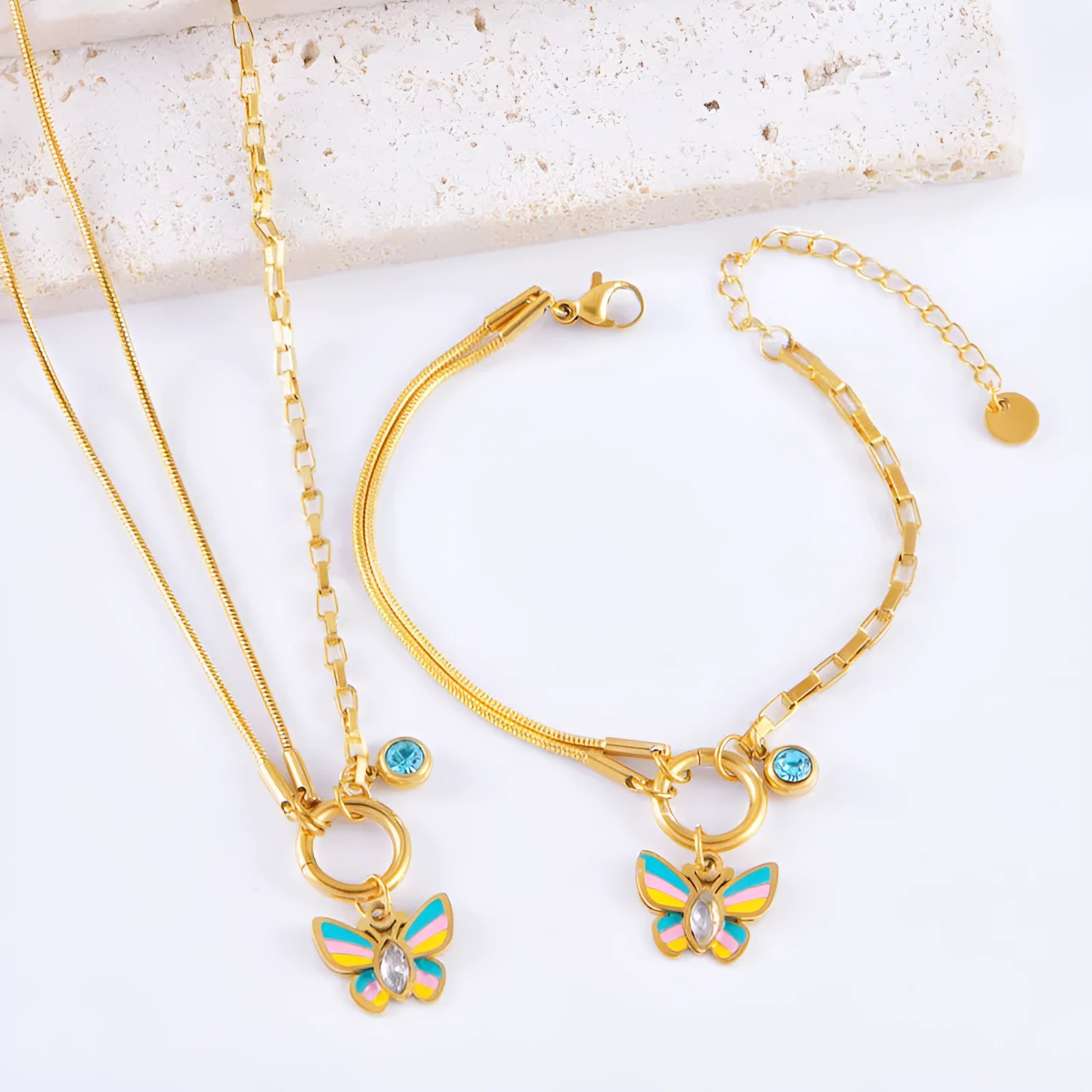 Gold colour epoxy butterfly necklace and bracelet set with animal zodiac design on titanium steel snake bones chain