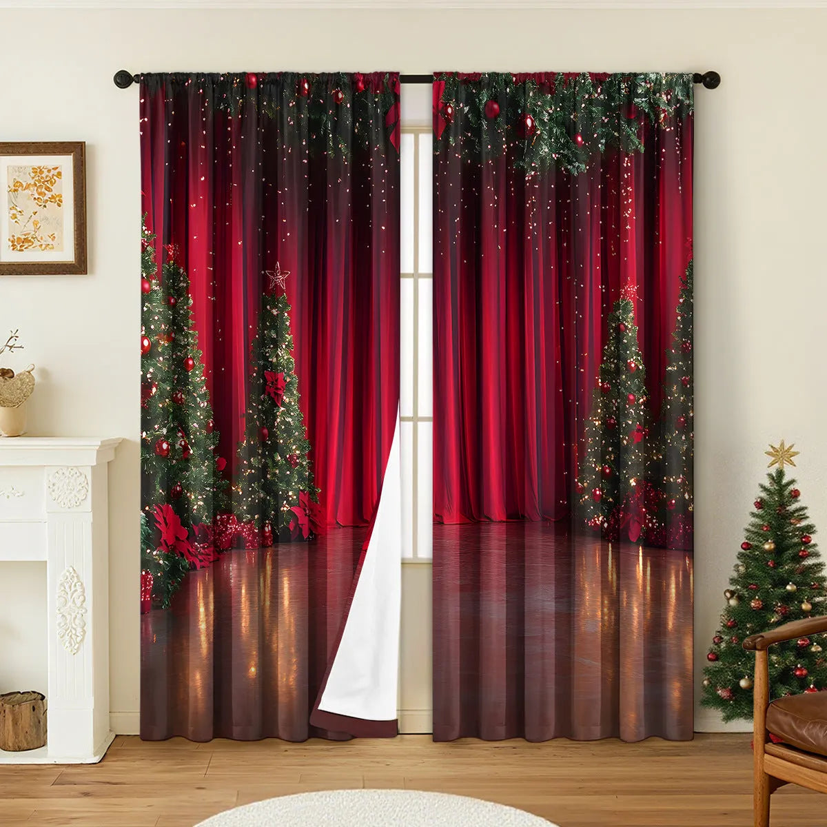 Pair of 3D digitally printed Christmas pattern blackout curtains hanging on a window.