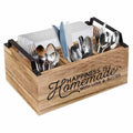 Large modern wooden kitchen storage box with internal grid dividers for organising cutlery.