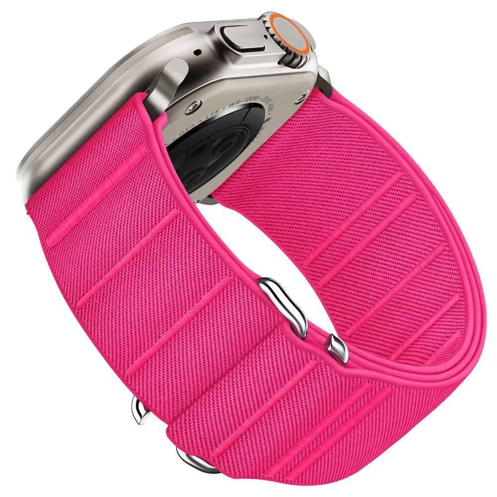 Elastic nylon Apple Watch compatible band with stainless steel buckle shown in multiple colour options