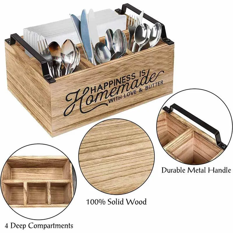 Large modern wooden kitchen storage box with internal grid dividers for organising cutlery.