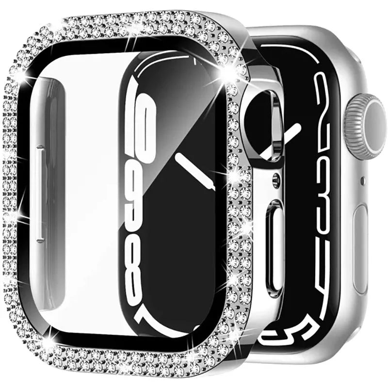 Apple Watch case with double diamond glass privacy screen in rose gold, silver, and black colour options