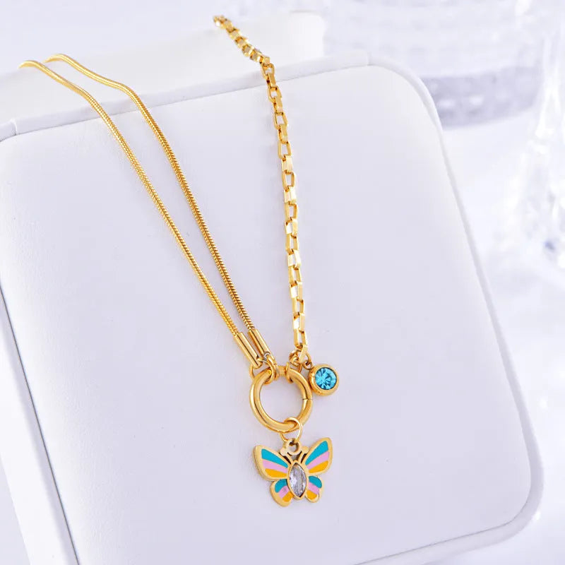 Gold colour epoxy butterfly necklace and bracelet set with animal zodiac design on titanium steel snake bones chain