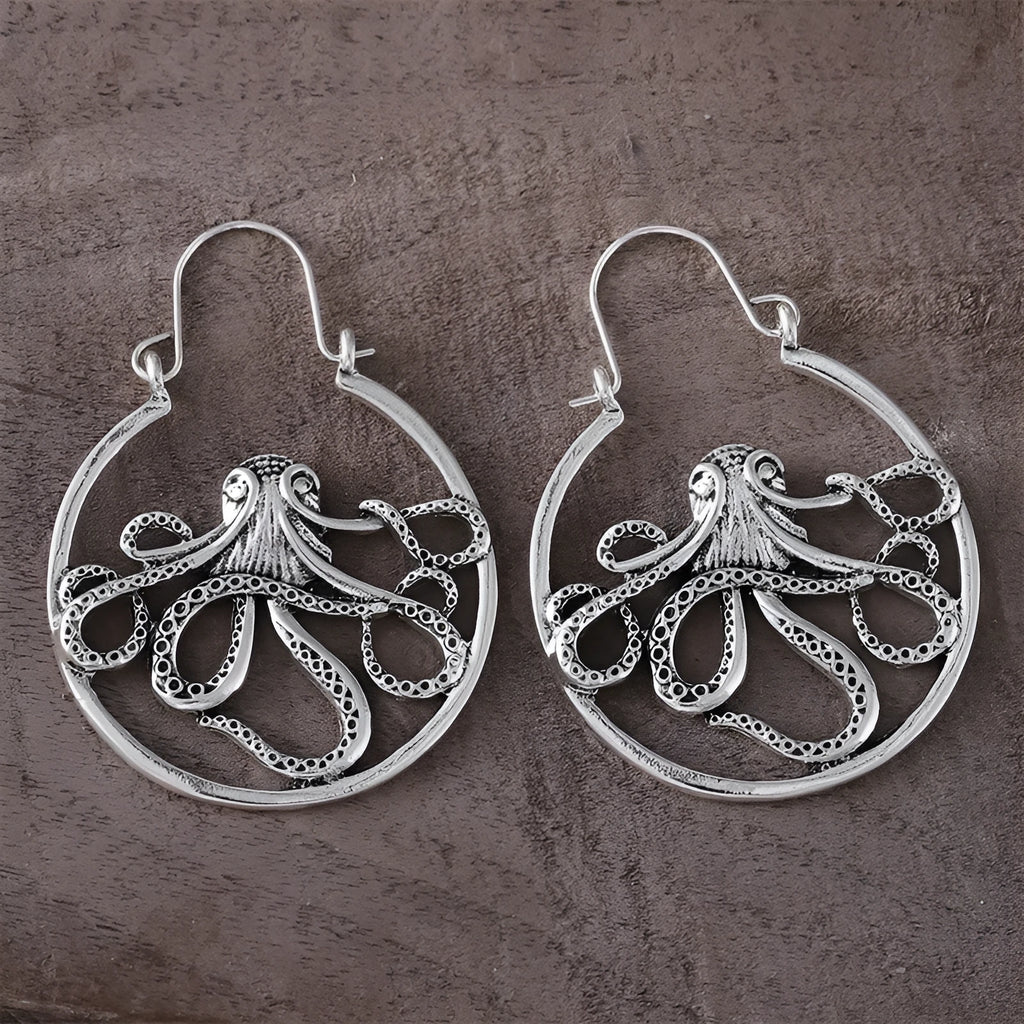 Octopus design earrings in antique silver finish with retro styling and zinc alloy construction