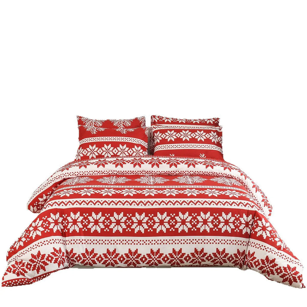 Red Winter Sleepers bed three-piece set with Christmas Love Song pattern showing quilt cover and pillowcases