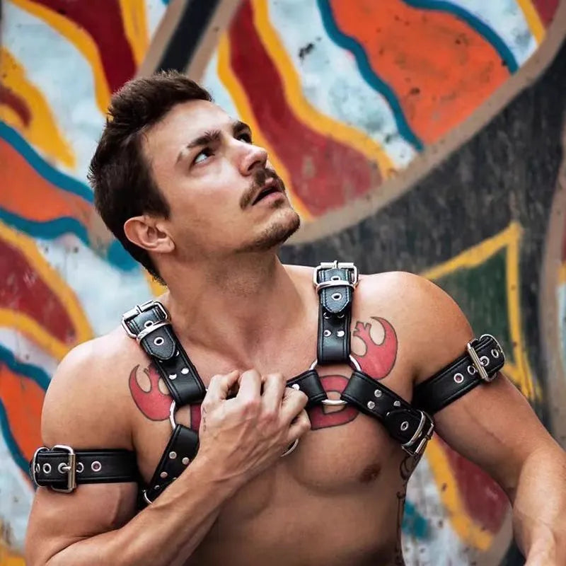 Black leather adjustable chest muscle bondage strap with metal buckle
