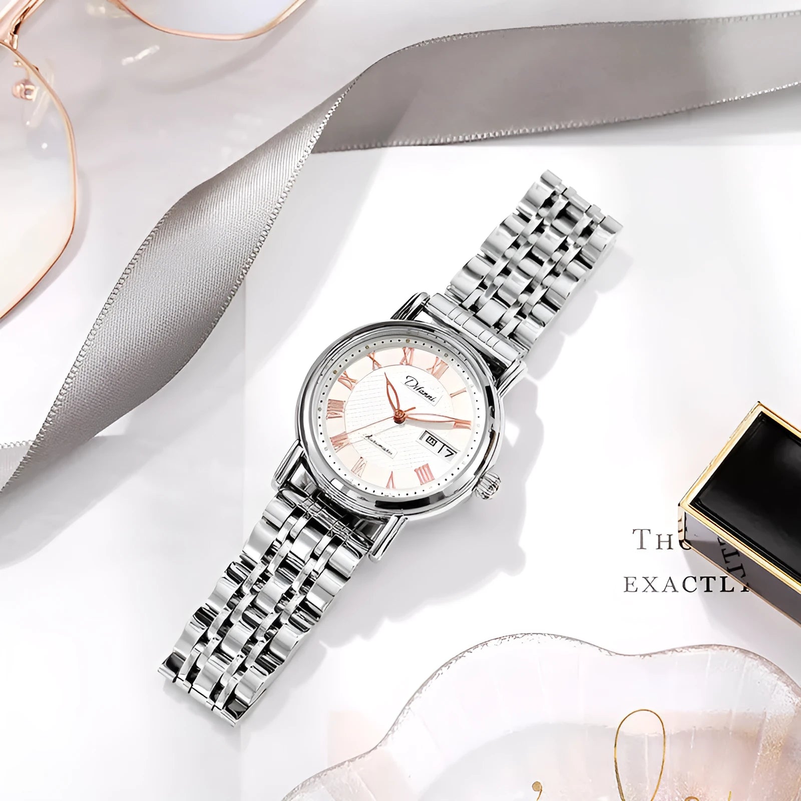 Women's automatic mechanical watch with stainless steel or leather strap, 12mm case, multiple colour options