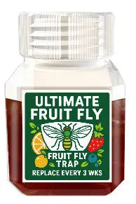 Bottle of fruit fly trapper bait liquid with specification options for trap systems.