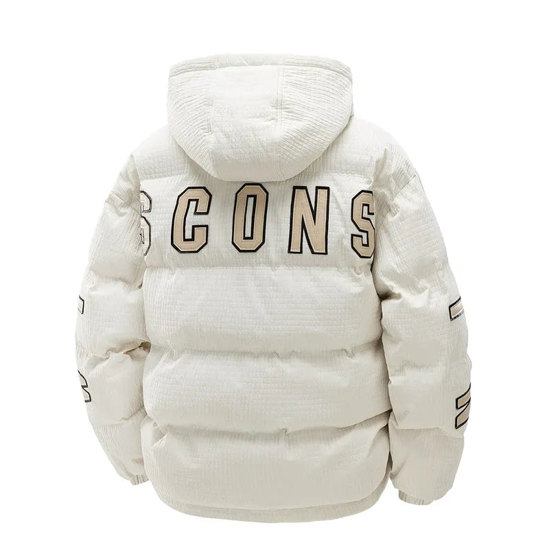 Men's black hooded winter coat with letter print on hood, showing side seam pockets and cardigan style.