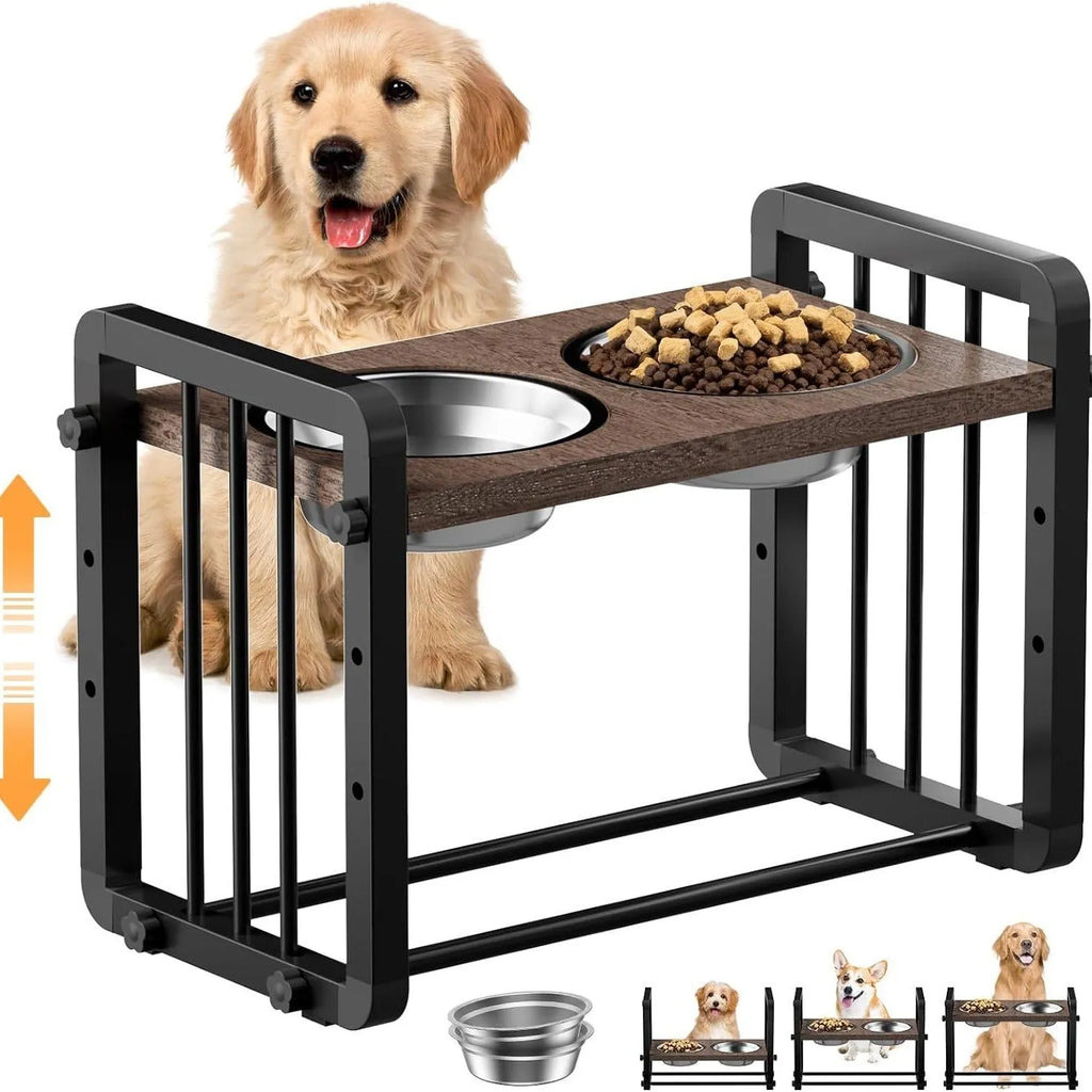 Black wooden dog bowl stand measuring 37 by 23 centimetres with non-slip base