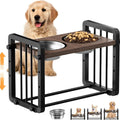 Black wooden dog bowl stand measuring 37 by 23 centimetres with non-slip base