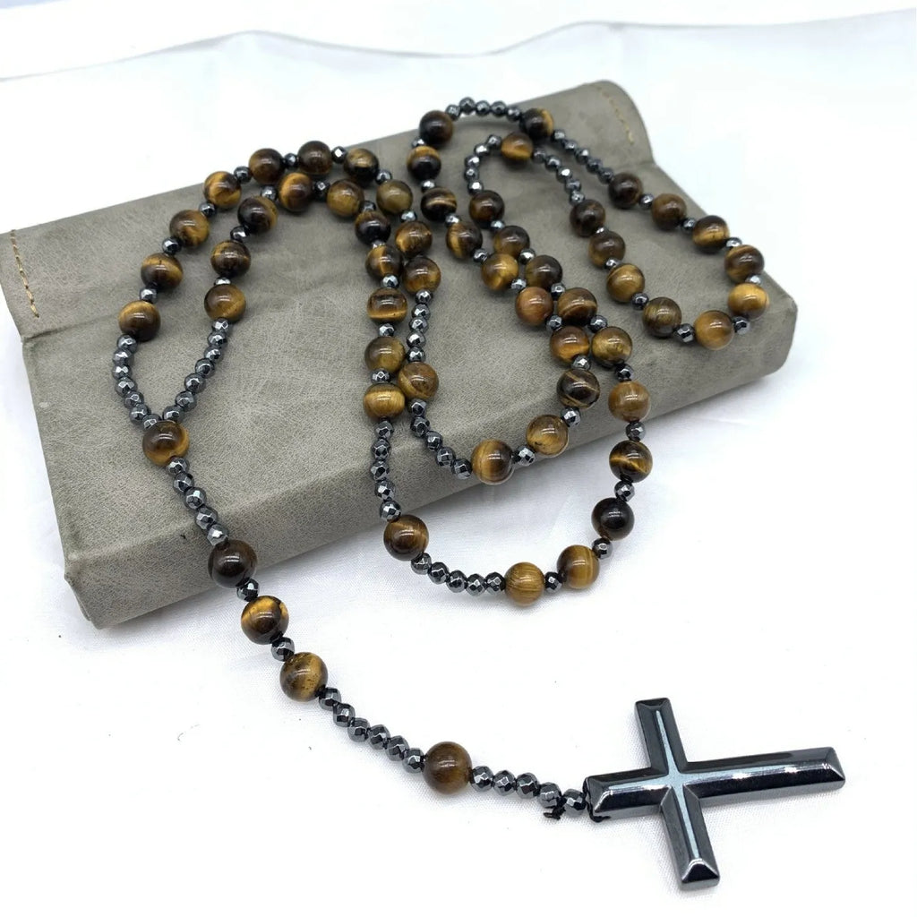Men's stone geometric cross pendant necklace with bead chain and safety lock