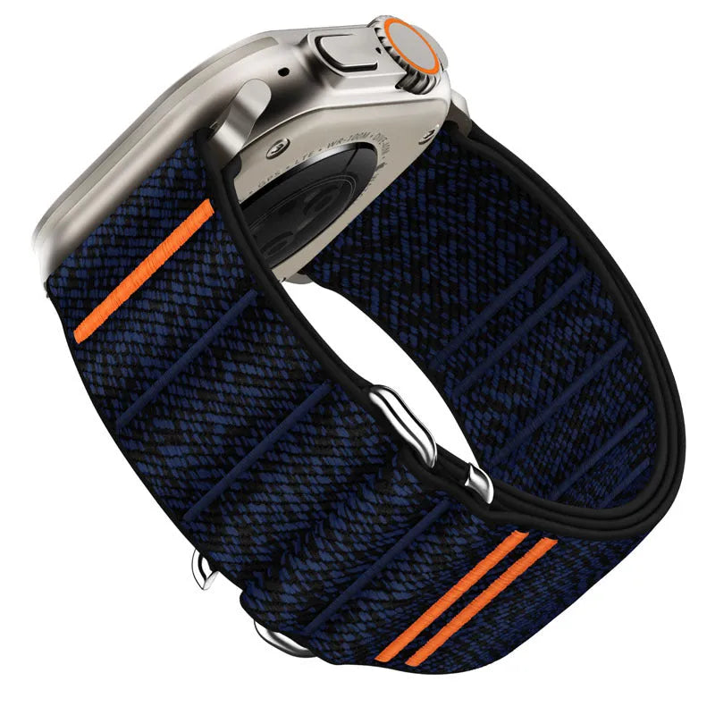Elastic nylon Apple Watch compatible band with stainless steel buckle shown in multiple colour options