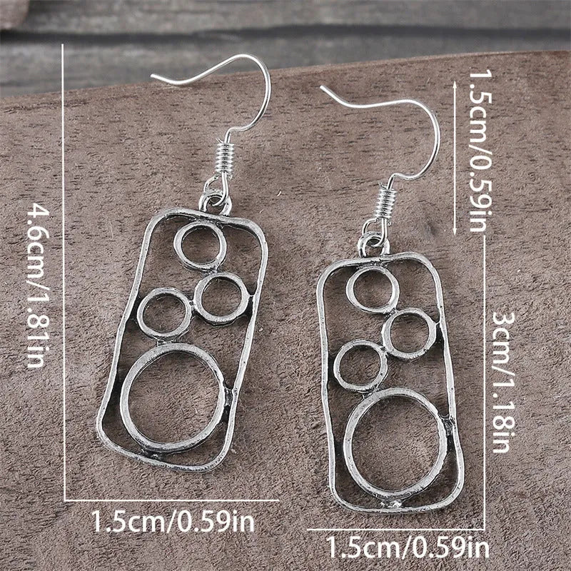 Geometric irregular square round ring earrings in antique silver zinc alloy