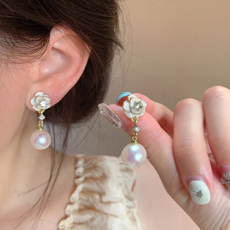 Camellia flower stud earrings for women with pearl-effect finish and alloy construction