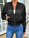 Black women's casual jacket with semi-transparent geometric pattern and zip front.