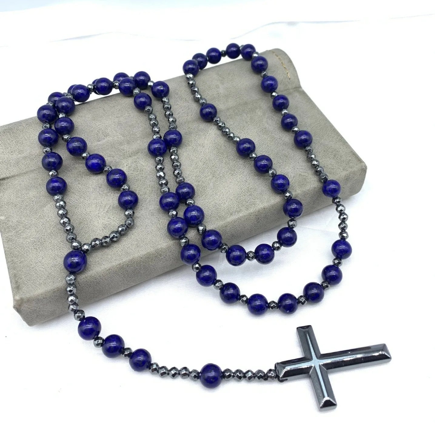 Men's stone geometric cross pendant necklace with bead chain and safety lock