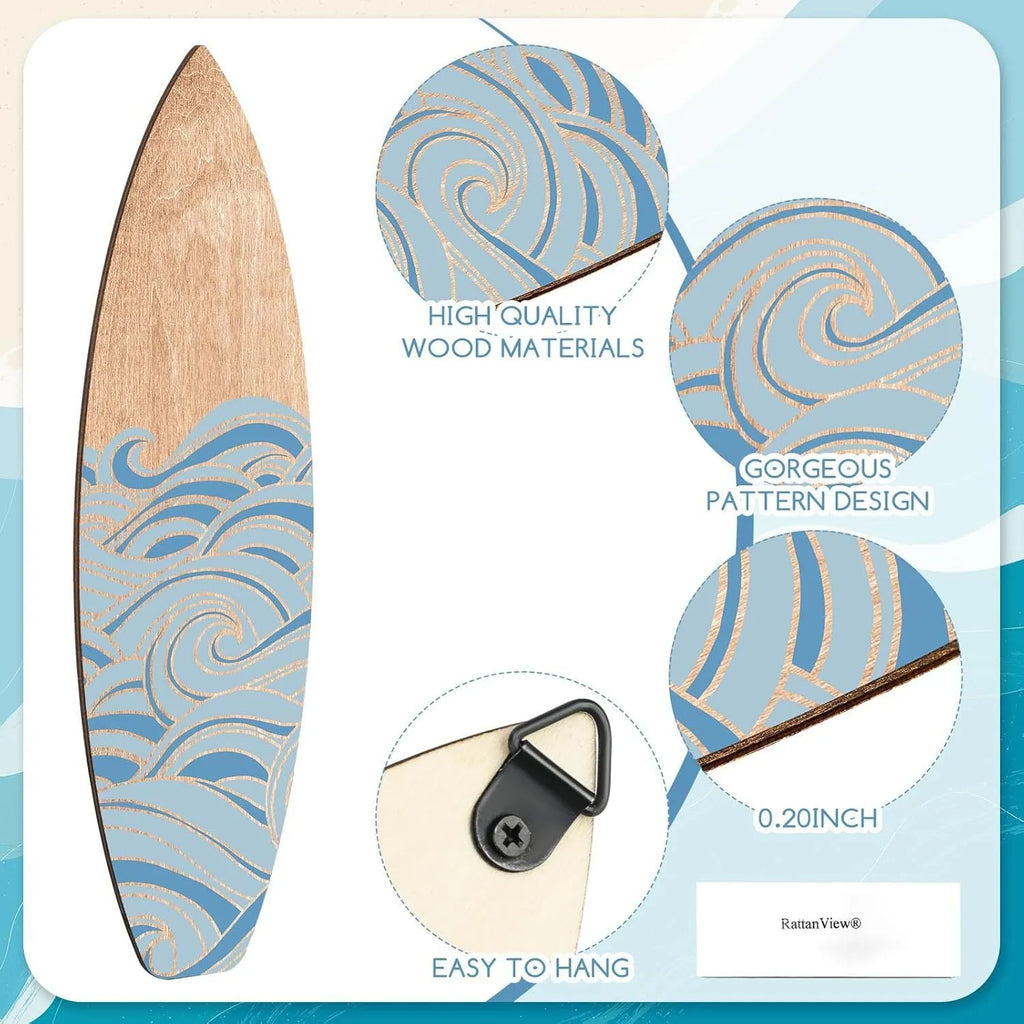 Three identical wooden surfboard wall decorations with European-style design on boxwood