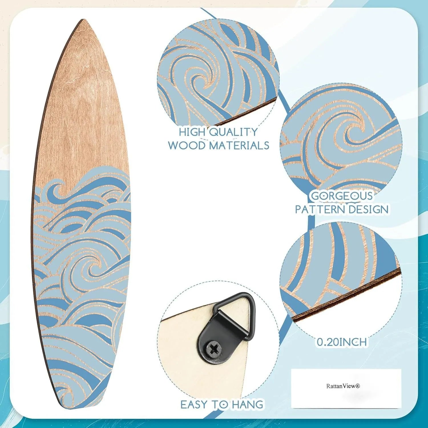 Three identical wooden surfboard wall decorations with European-style design on boxwood