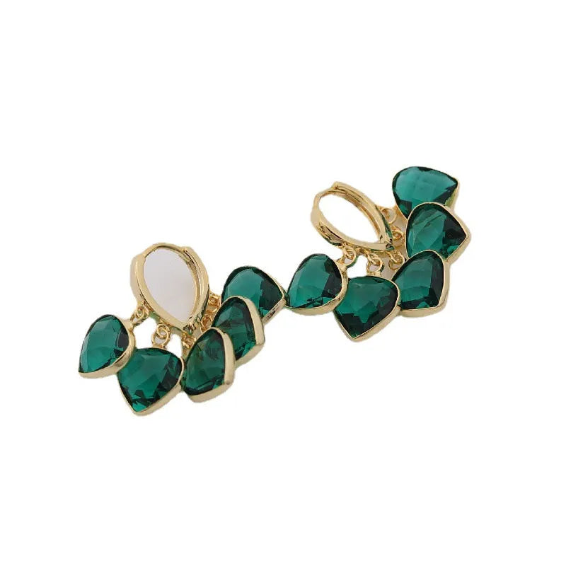 Green heart pendant glass ear clip earrings with Korean style design and alloy gemstone details