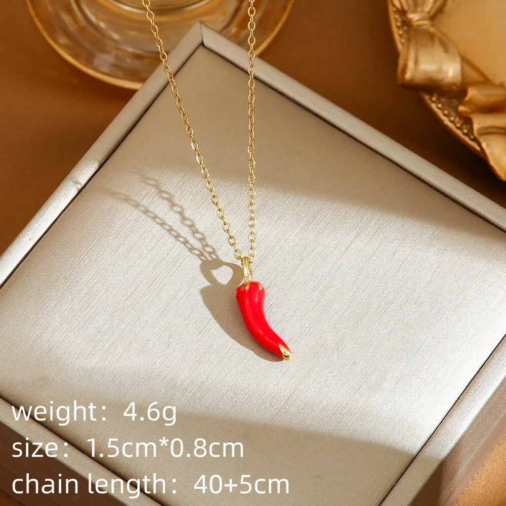Titanium steel women's necklace with strawberry, cherry and pepper charm pendants on O-ring chain