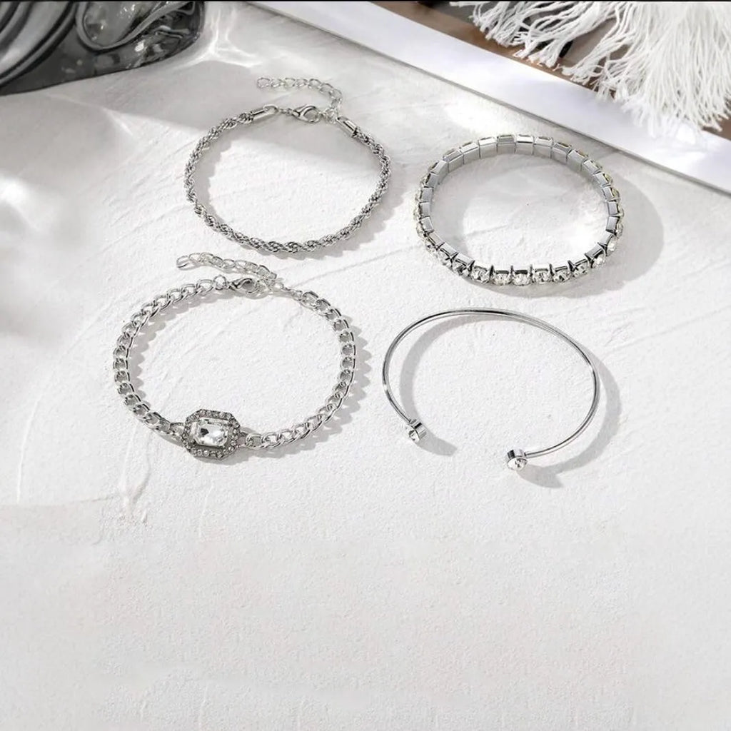 Retro geometric alloy jewellery four-piece set with square diamond design in gold and silver tone options