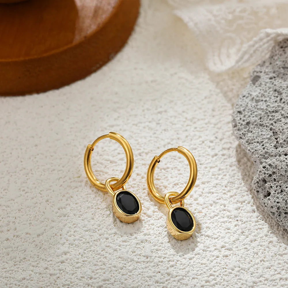 Women's retro oval zircon earrings in six colours including army green and emerald on copper settings