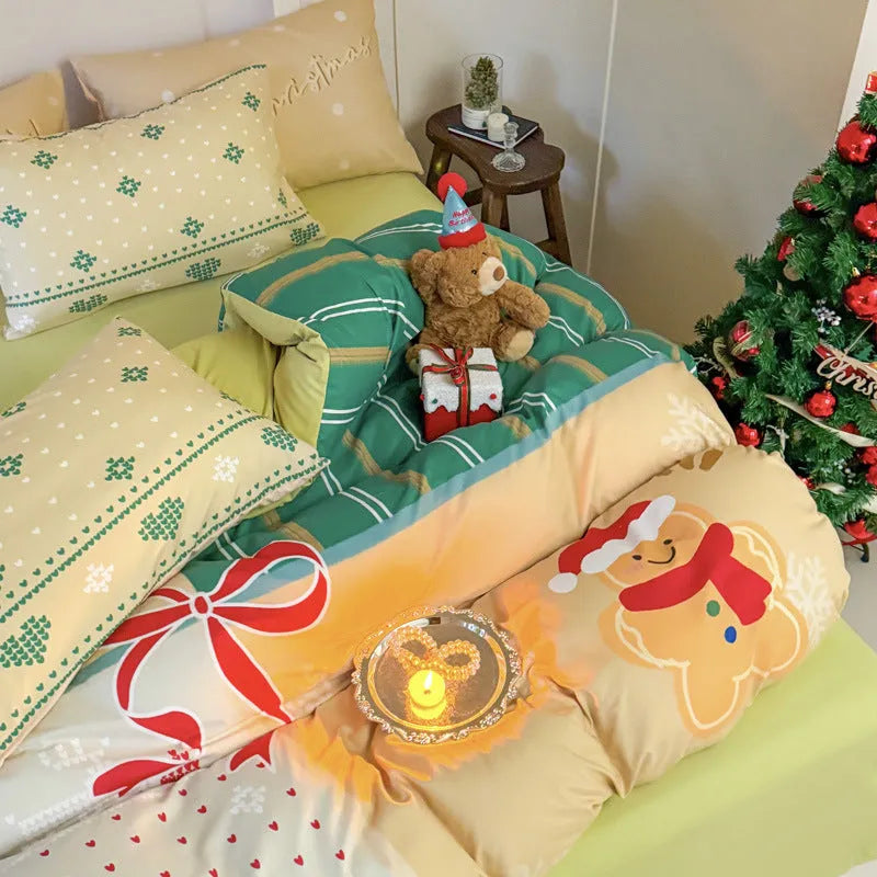 Christmas cartoon printed bedding set with sheet, quilt cover, and pillowcases in super soft washed cotton