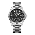 Men's silver case quartz watch with luminous hands and stainless steel strap