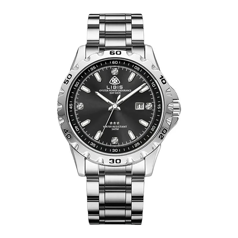 Men's silver case quartz watch with luminous hands and stainless steel strap