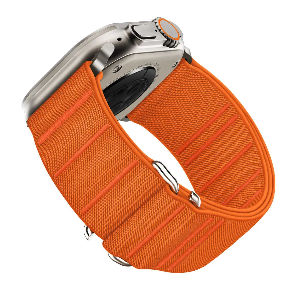 Elastic nylon Apple Watch compatible band with stainless steel buckle shown in multiple colour options