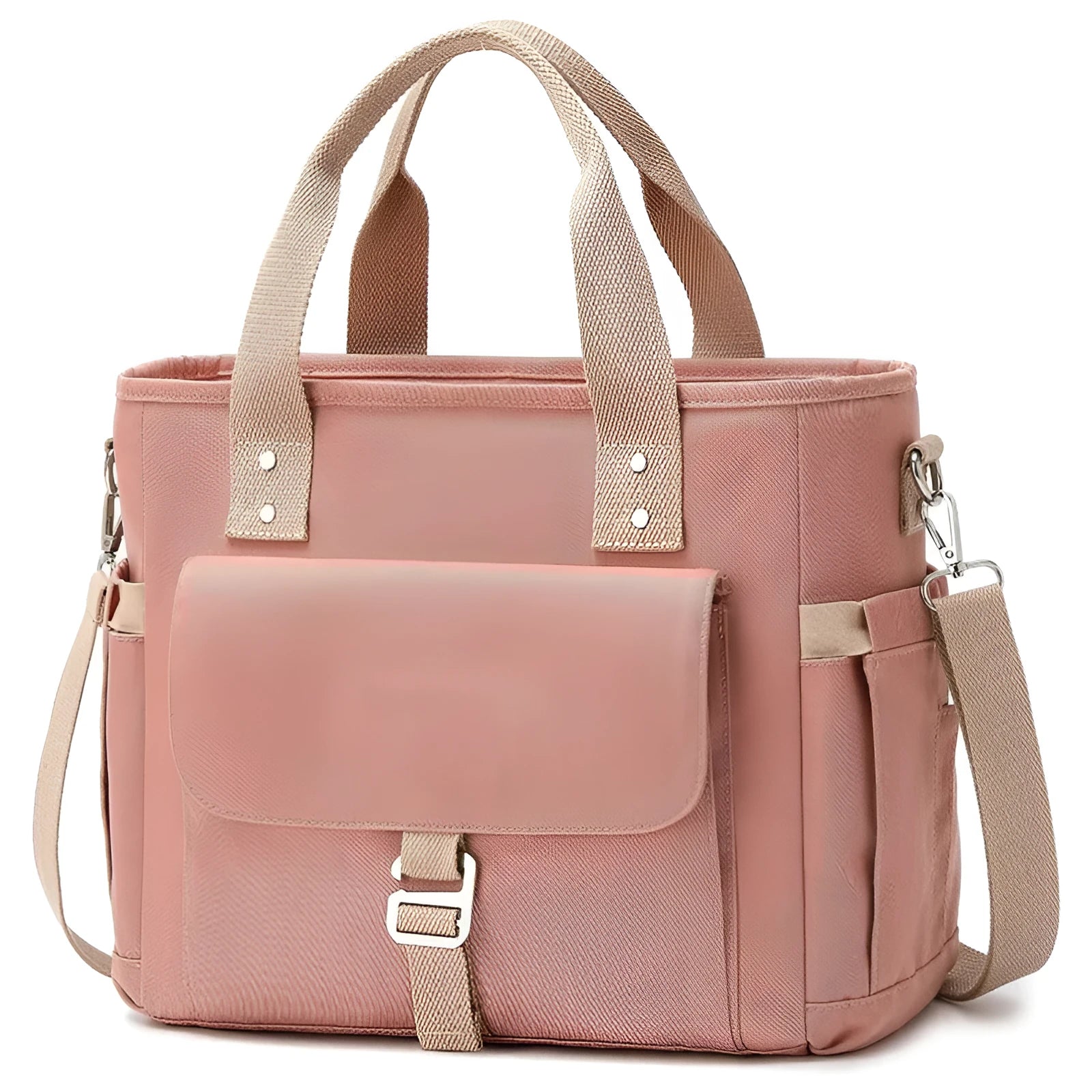 Portable cube-shaped picnic bag with removable shoulder strap and side pocket in Oxford cloth.
