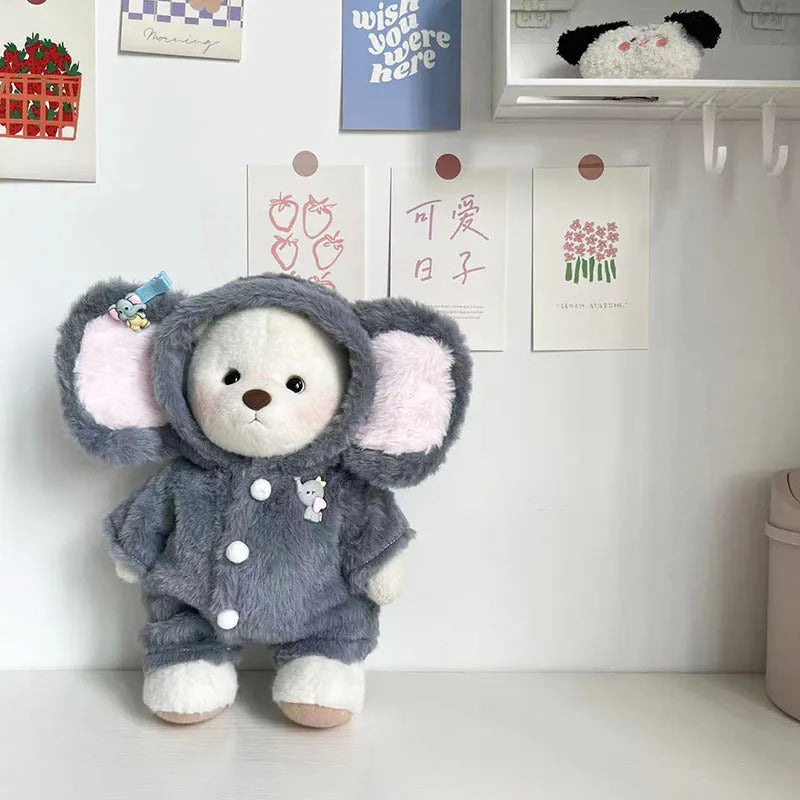 Grey elephant print plush jumpsuit suit for a 30cm Lina bear doll.