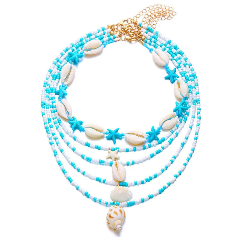 Five-piece women's necklace set with shell beads and adjustable chains in blue and coloured variations