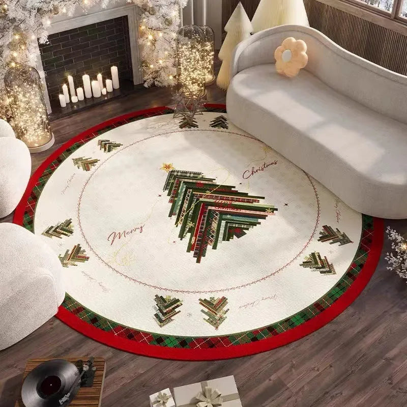 Round red Christmas carpet with festive patterns and non-slip backing for living room floor decoration