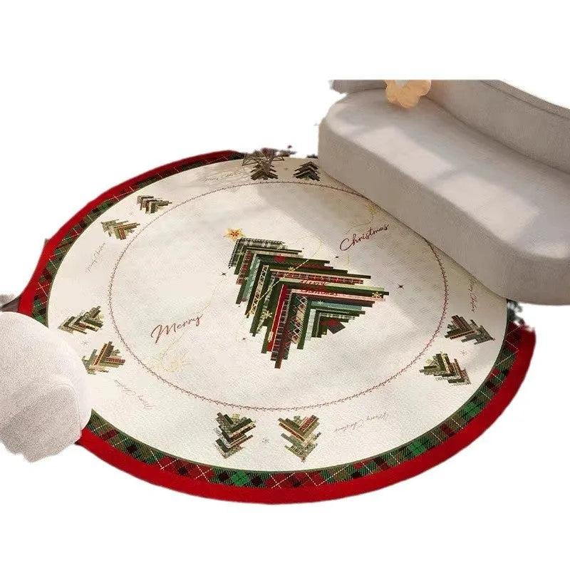 Round red Christmas carpet with festive patterns and non-slip backing for living room floor decoration