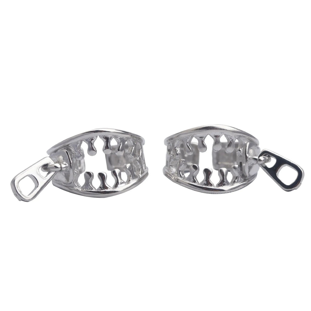 A pair of silver-tone geometric openwork clip-on earrings with a zipper design detail.