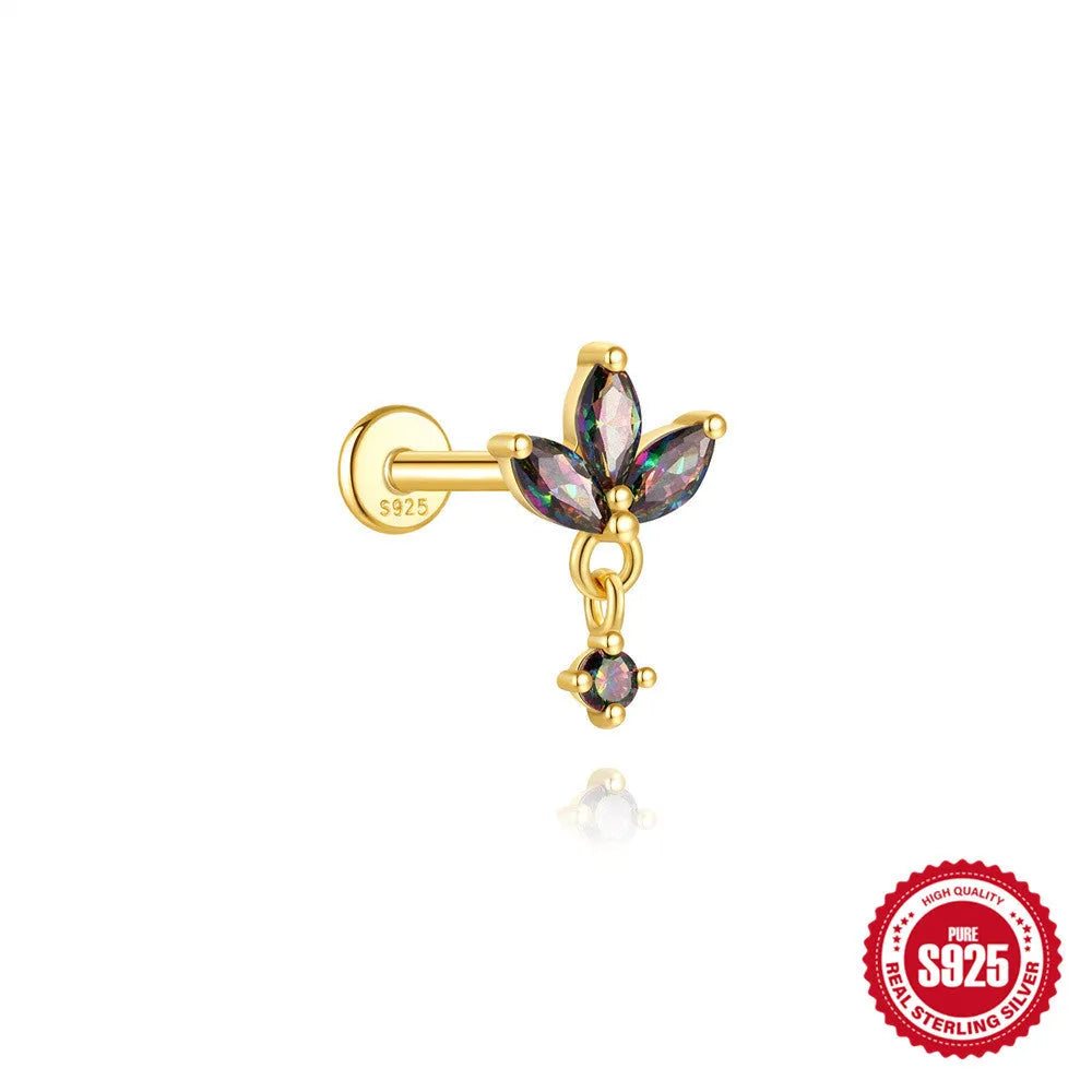 S925 sterling silver flat head thread ear stud with super shiny rainbow stone finish in a gold colour.