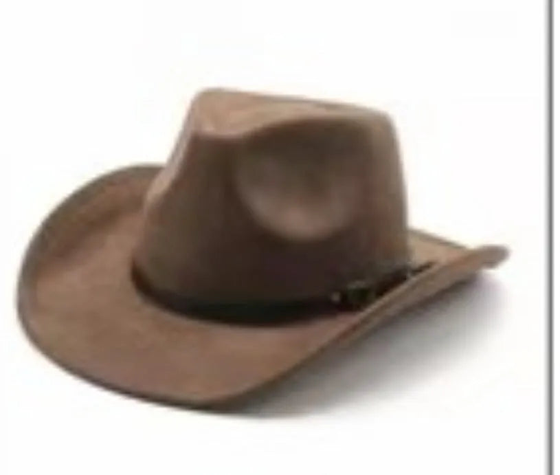 Brown leather velvet curved-edge western cowboy hat with a conical crown on a plain background.